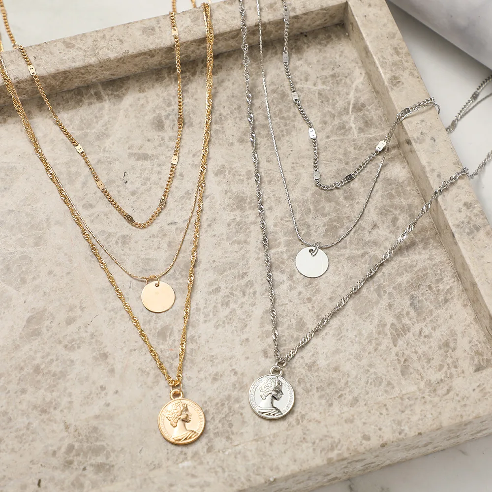 1PCS New Hot Selling Personalized Alloy Multi-layer Necklace, Simple Circular Pendant Necklace, Retro Seal Collarbone Chain