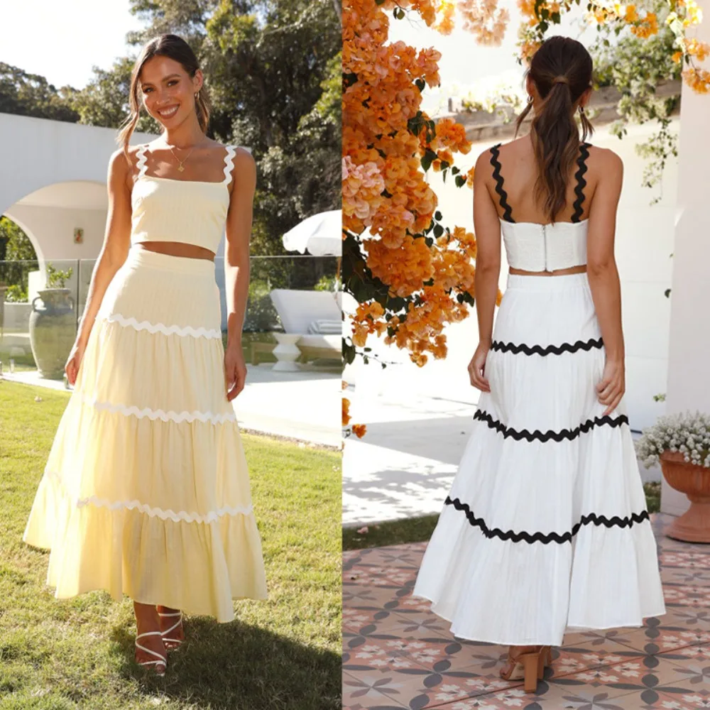 

Dual Color Splicing New Womens Two Piece Set Simple Fashion Suspender Top Splicing Large Swing Long Skirt