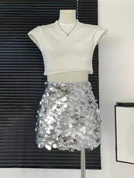 Sexy Shiny Skirts Women Mini Skirt High Waisted Club Slit Zipper Sequins A-Line Slim Y2k Skirt Hot Girls Summer Chic Fashion