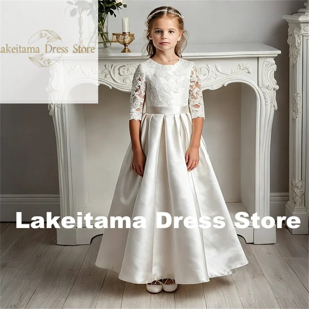 

Customization Satin Lace Printing Flower Girl Dress Idyllic First Elegant A-Line Communion Gowns Kids Girls Birthday Party Eveni