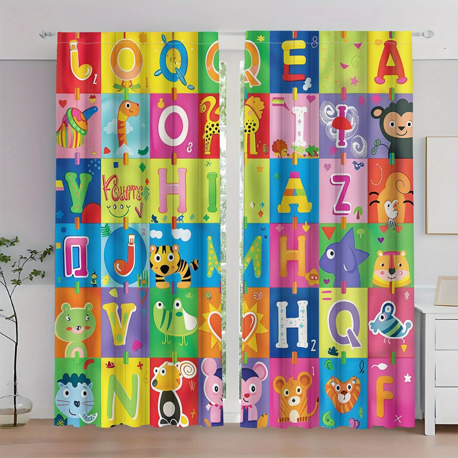 Colorful Alphabet Animal Curtains, Cartoon ABC Print Drapes Kids Nursery Education Decor for Boys Girls Bedroom Window Treatment