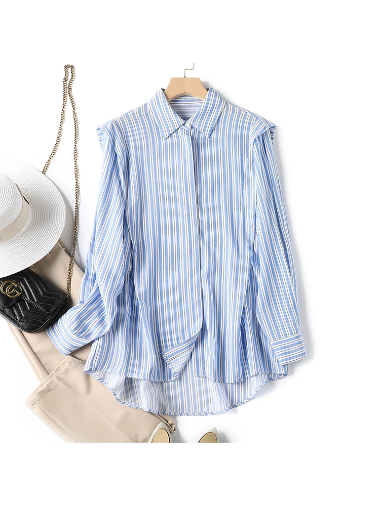 SuyaDream Woman Striped Shirts 100%Pure Silk Long Sleeved Ruffles Blouses 2022 Spring Autumn Chic Clothes Blue