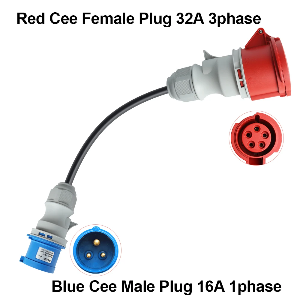 Adaptador de cargador PEOKE EV Schuko a enchufe CEE rojo 5 pines 1 fase 16A a trifásico 32A enchufe CEE azul hembra para carga portátil