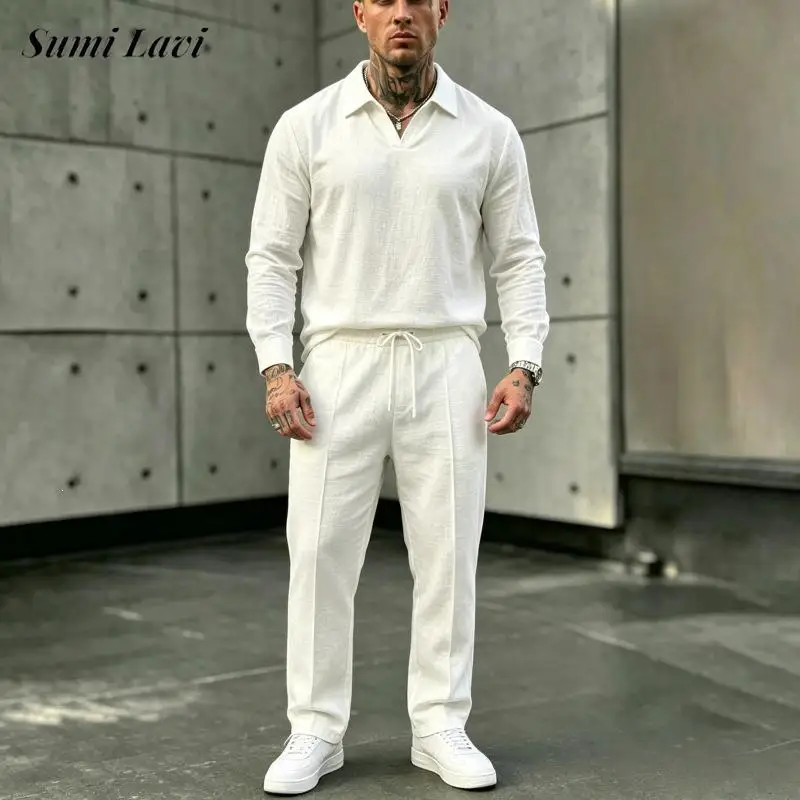 2026年春秋メンズポロシャツ＆パンツツーピーススーツデイリーカジュアルルーズ無地長袖セットメンズリネン衣装