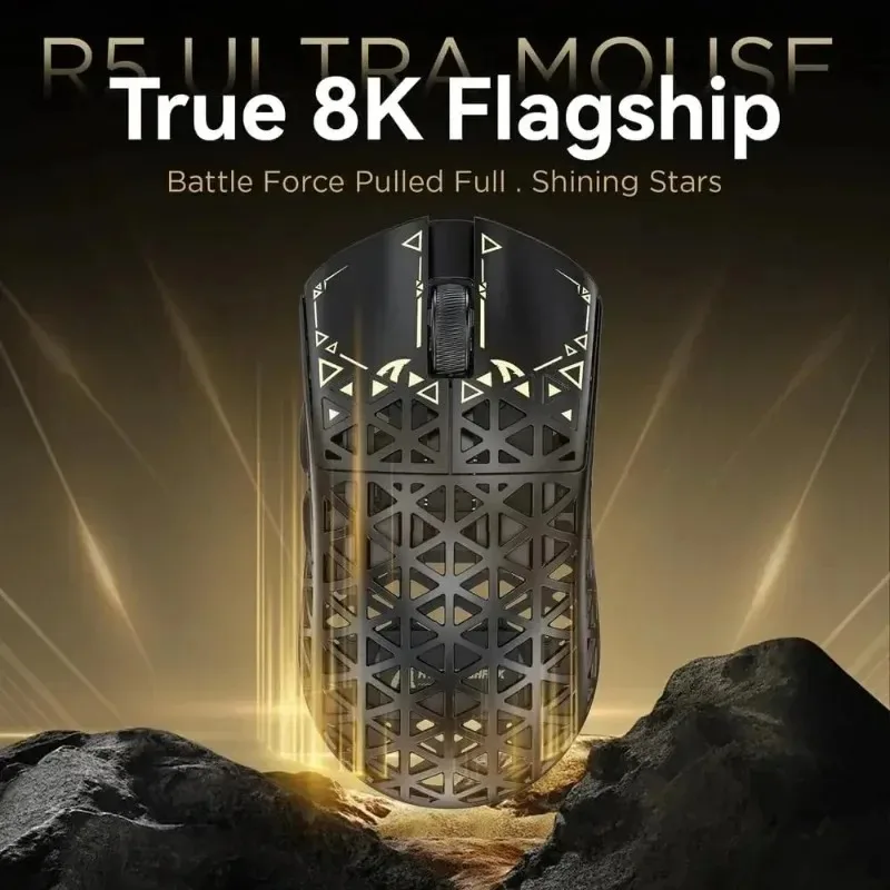 Attack Shark R5 Ultra 8K Mouse sem fio Tri-mode Leve PAW3950 Fibra de carbono 42000DPI Design oco Esports Game Mouse