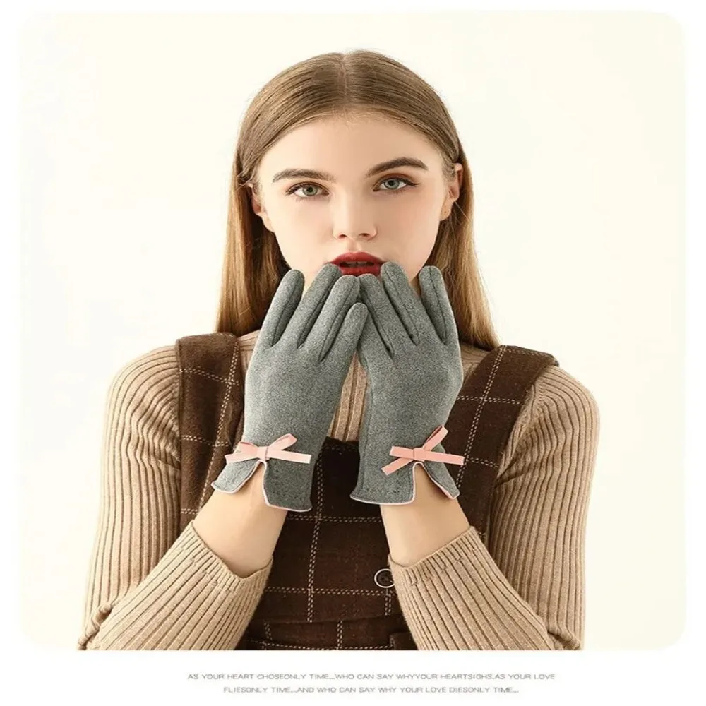 قفازات قطيفة سميكة للنساء ، زخرفة القوس ، الصوف ، فروي ، قفازات دافئة ، الشتاء ، جديد