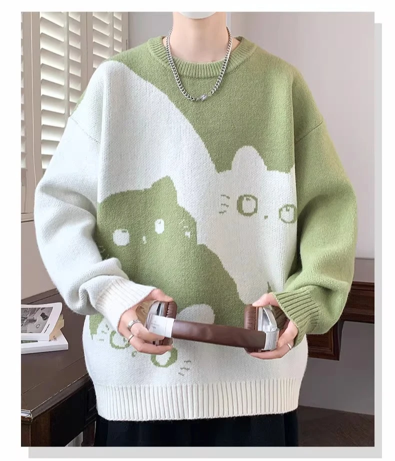 Autumn and Winter New Hot Sale Men's Black Khaki Green Loose Casual Daily Round Neck Long Sleeve Knitted Sweater