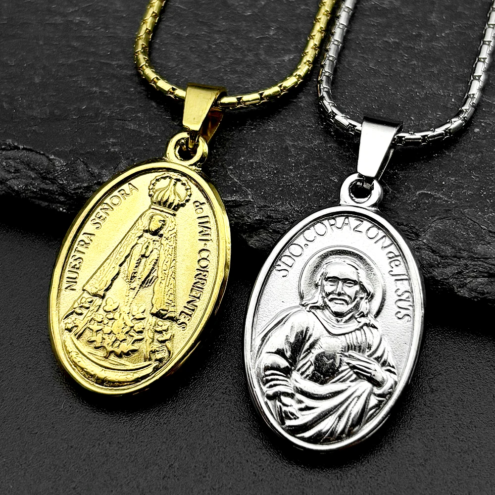 

Chritian Spanish Sacred Heart Of Jesus Oval Pendant Necklace for Men Women Stainless Steel Gold Color Chain Amulet Jewelry Gift