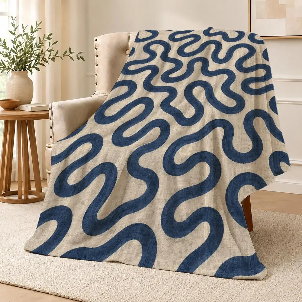 Retro Wavy Line Minimalist Abstract Pattern Art Throw Soft Flannel Throw Blanket for Couch Bed Sofa Warm Cozy All Season