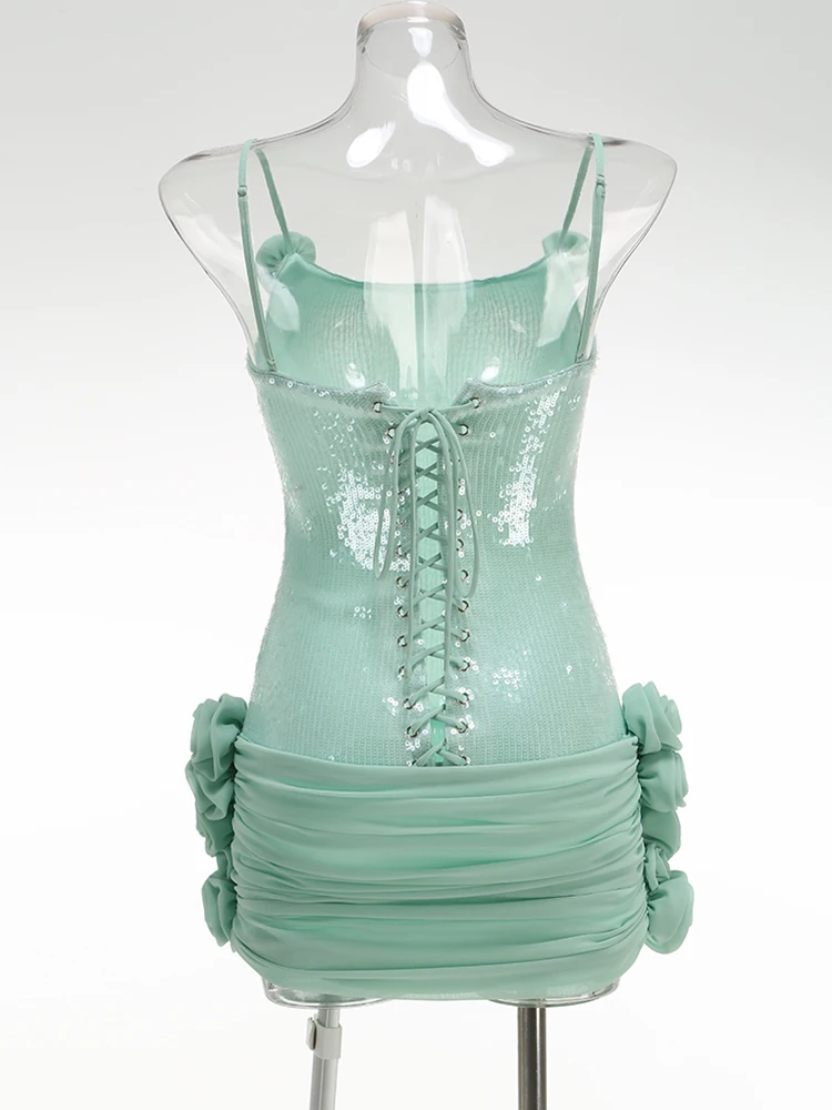 Women Glamorous Light Green Sequin Strappy Mini Dress With 3D Flowers Sleeveless Summer Prom Dresses Evening Party Gown