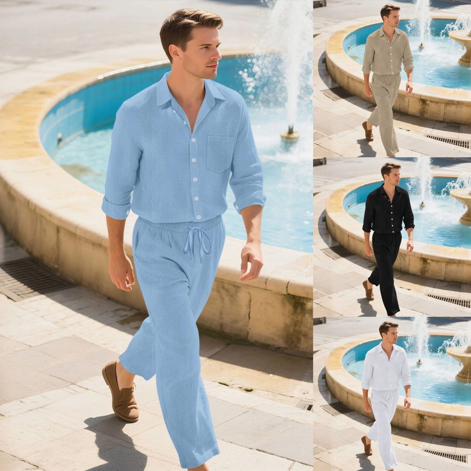 Men's Spring Autumn Casual Suit Fashionable Comfortable Cotton Linen Pure Color Loose Long-Sleeved Two-Piece Set