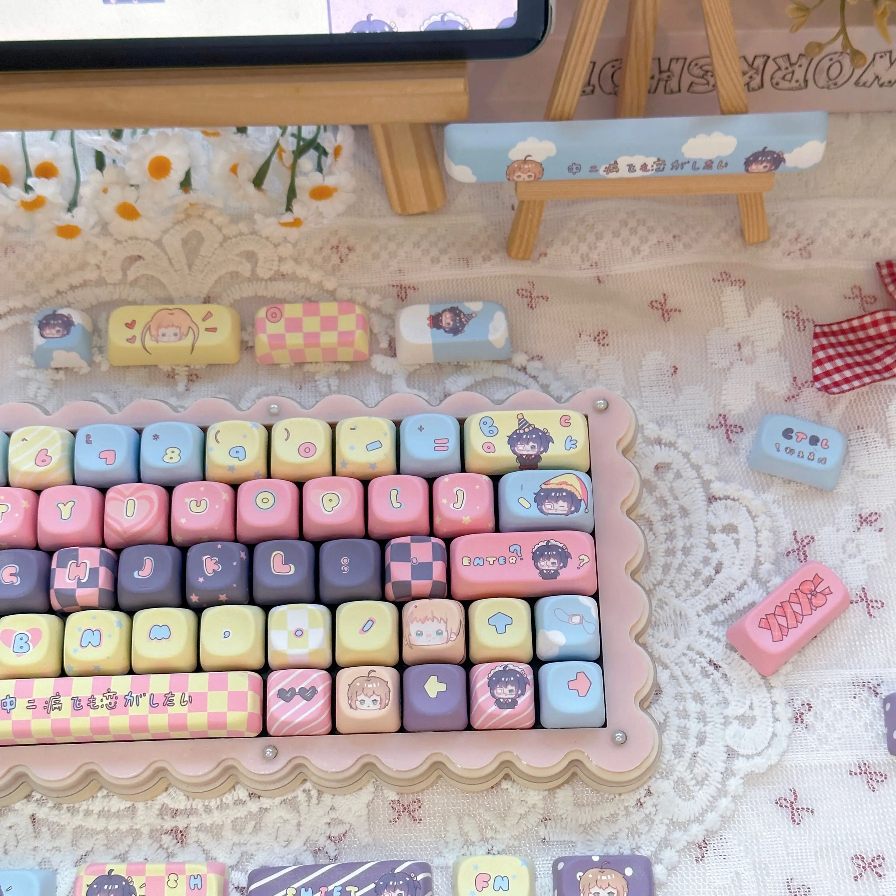 Bird Six-Stroke Flower Key Cap Five-Sided Thermal Sublimation Cute Moa130Keys Cute Round Two-Dimensional Pink Key Cap Set