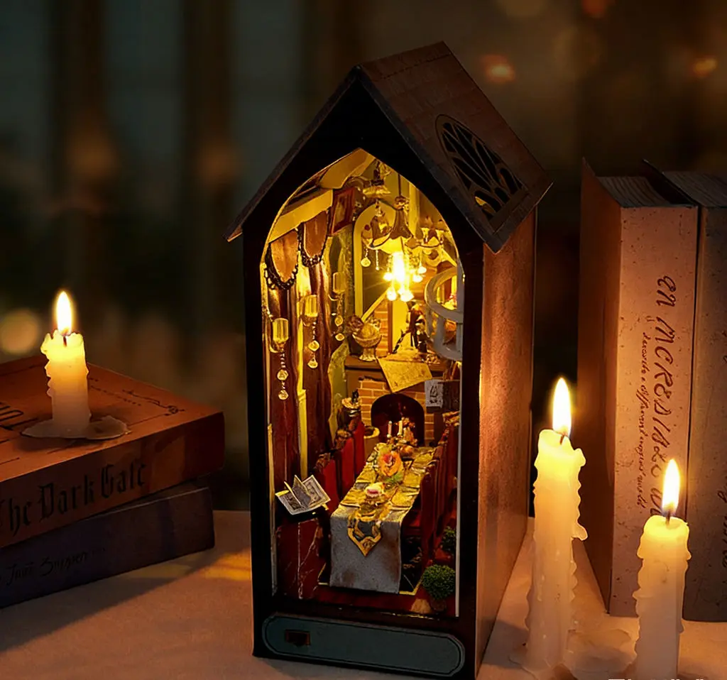 

3D Wooden DIY Magic Restaurant Book Nook, LED Lighted Miniature Diorama Kit, Handmade Creative Birthday Gift for Book Lovers