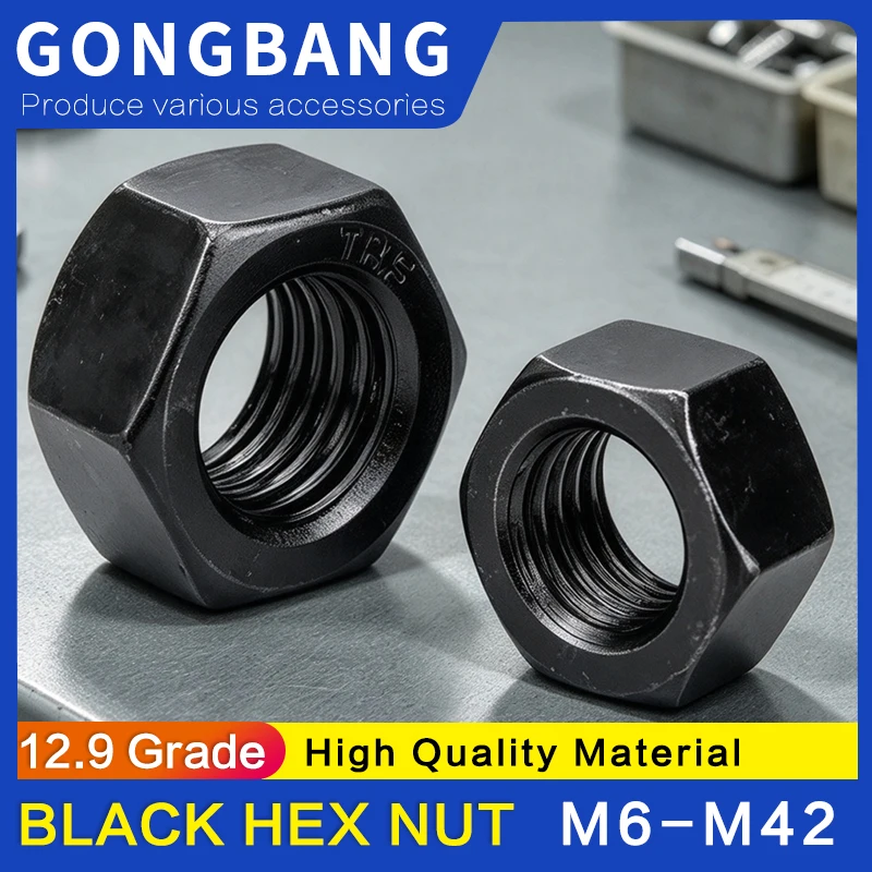 12.9 Grade Black Hexagon Hex Nuts M6 M8 M10 M12 M14 M16 M18 M20 M22 M24 M27 M30 M42 carbon steel metric hex nuts