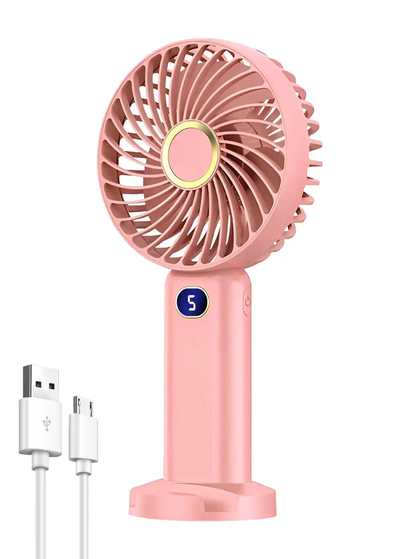 Tragbarer Handventilator, wiederaufladbarer USB-Mini-Ventilator, Digitalanzeige, 5-Gang-Einstellung, geeignet für Reisen, Outdoor, Büro, Zuhause