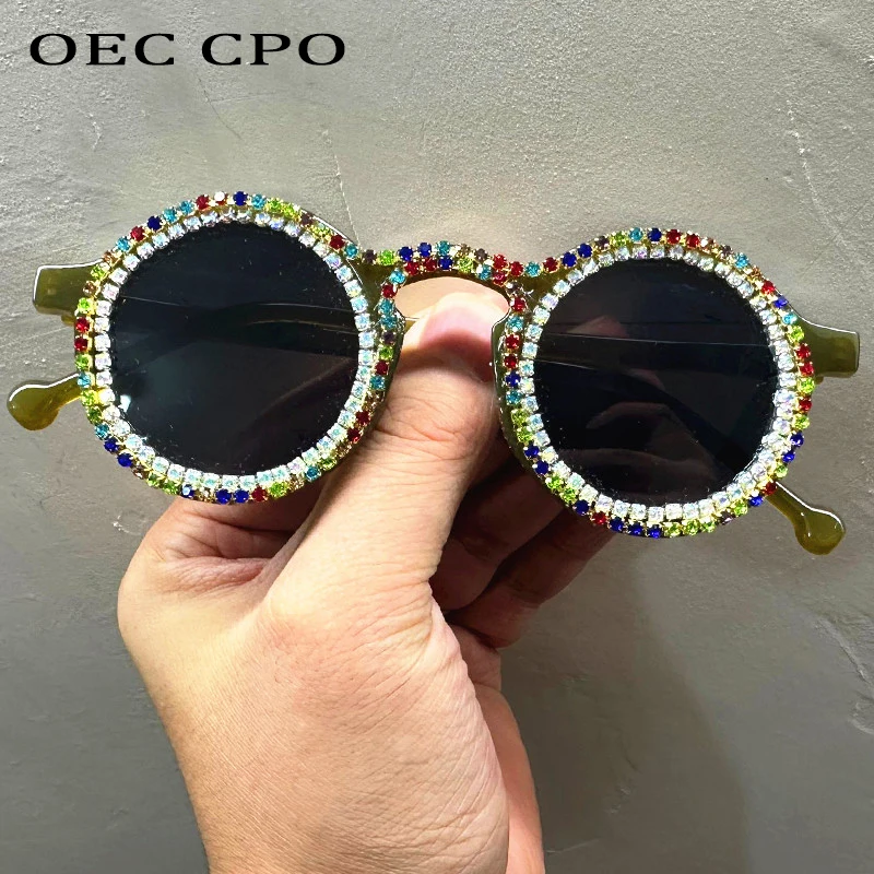 OEC CPO Ladies Shining Diamond Round Sunglasses Women Fashion Multicolor Luxury Rhinestone Eyewear Female UV400 gafas de sol