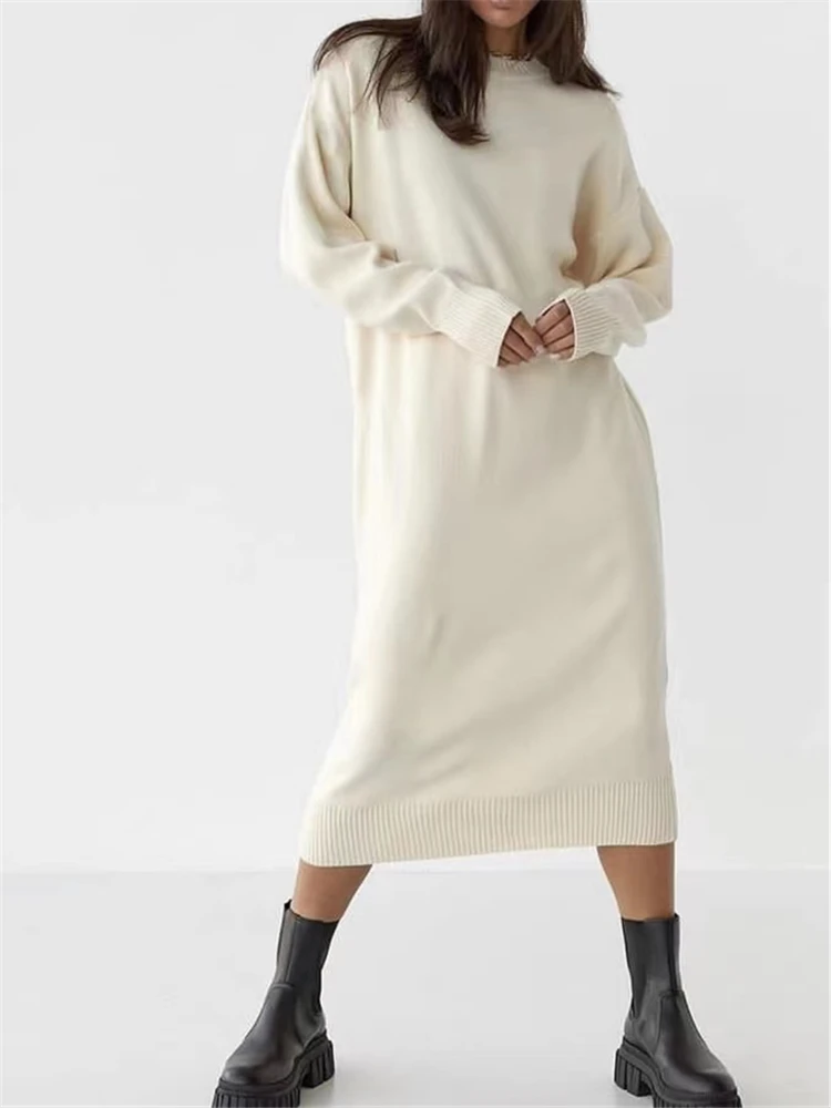 Seoulish Autumn Winter Oversize Knitted Women\'s Long Dresses 2023 New Solid O-Neck Long Sleeve Casual Loose Sweater Dress Female