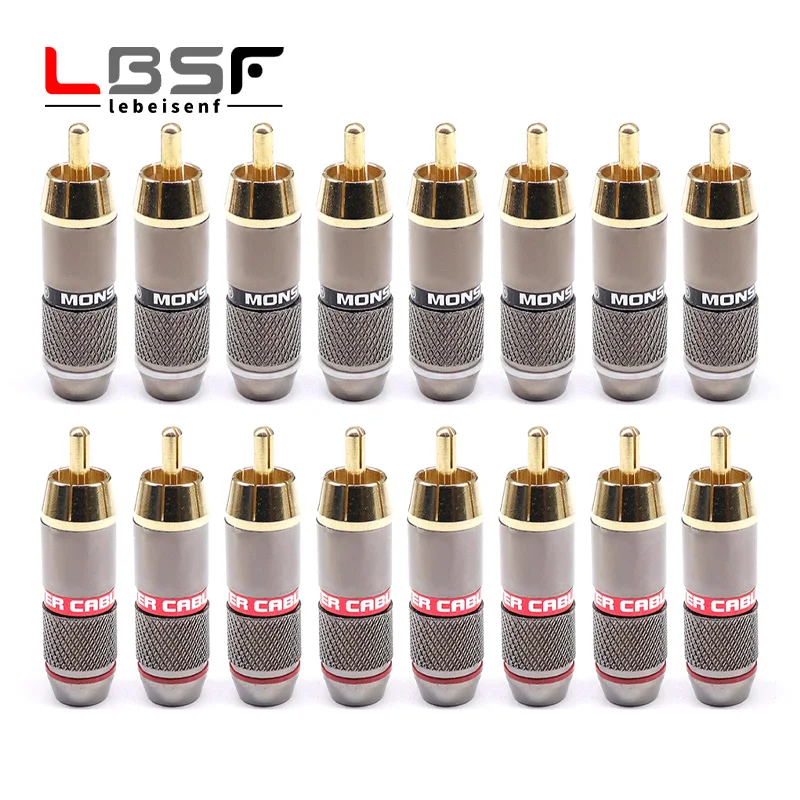 16pcs/8pairs Monster copper gold-plated RCA male plug Lotus solder plug RCA wiring male audio and video extension socket