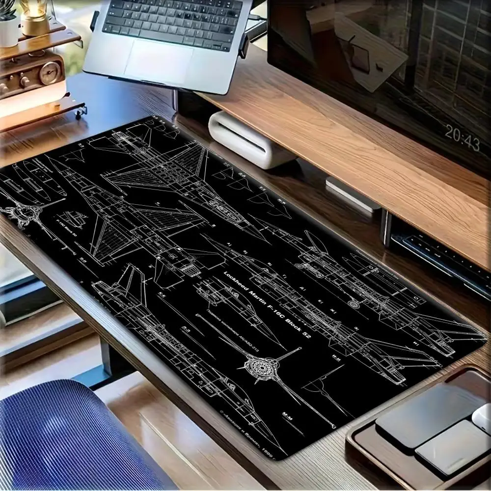 Large XXL Gaming Mouse Pad Desk Mat Keyboard Pad F16 Fighter Jet Aircraft Blueprint Military Diagram Print Non Slip Rubber Base