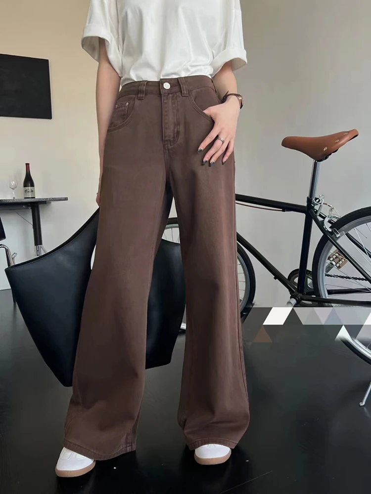 Vintage Women High Waist Wide Leg Loose Casual Jeans Basic Y2K Fashion Pocket Zipper Denim Pants Coffee Khaki Trousers 2024 New