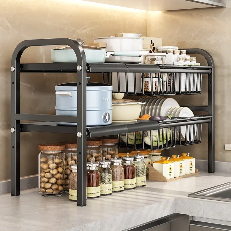Kitchen Under Sink Adjustable Pot Rack Multifunctional Dish Pans Snacks Cookware Storage Rack Countertop Cabinet Storage Basket