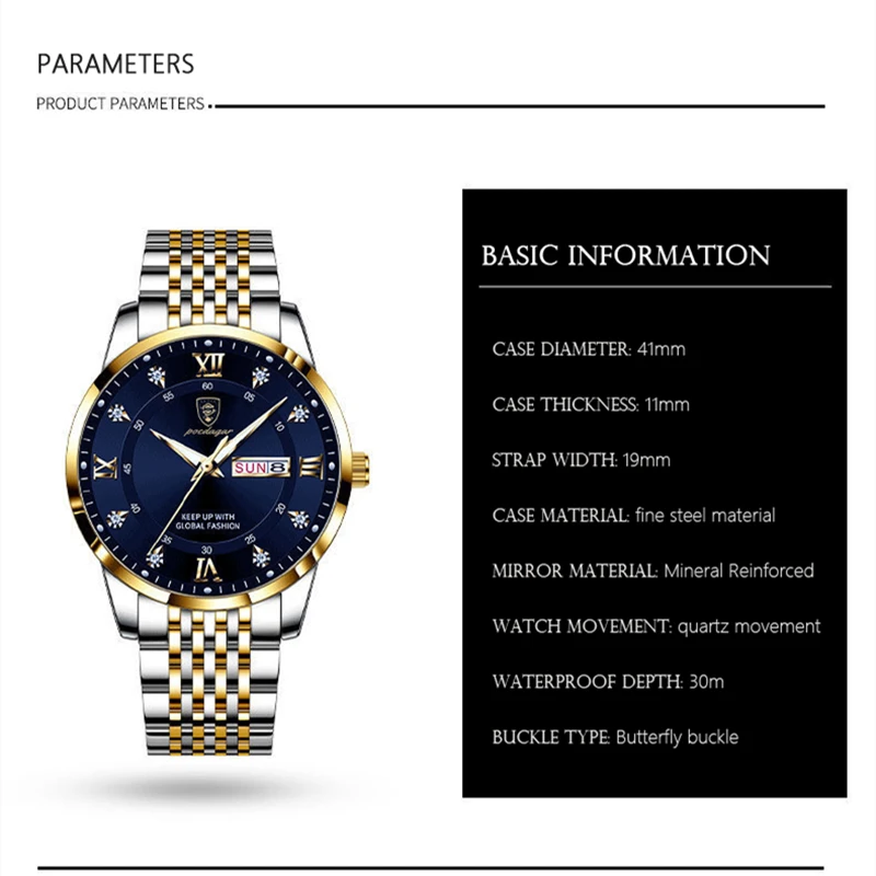 POEDAGAR Роскошные спортивные мужские часы Водонепроницаемые светящиеся наручные часы из нержавеющей стали с датой для мужчин Кварцевые часы Деловые мужские часы