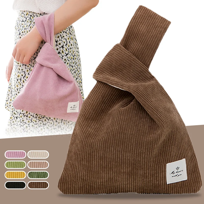 Japanese Mini Knot Wrist Bag Corduroy Women Top Handle Bag Simple Purses Handbags Shopping Bag Phone Key Pouch