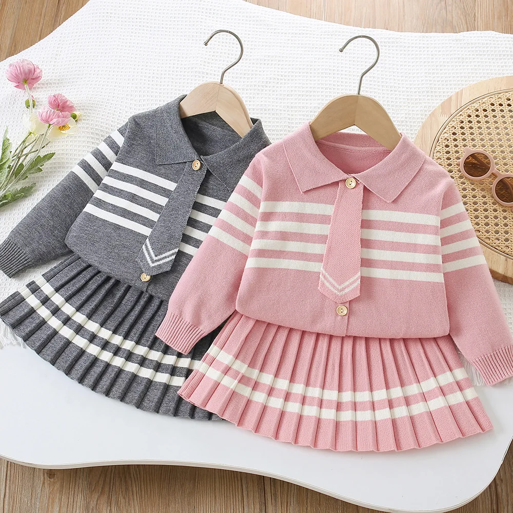 

Girls Knitted Clothes Sets Autumn Winter Children Woolen Jersey Sweaters Tie Coats Skirt Kids Fashion Dress Suit For Baby Outfit