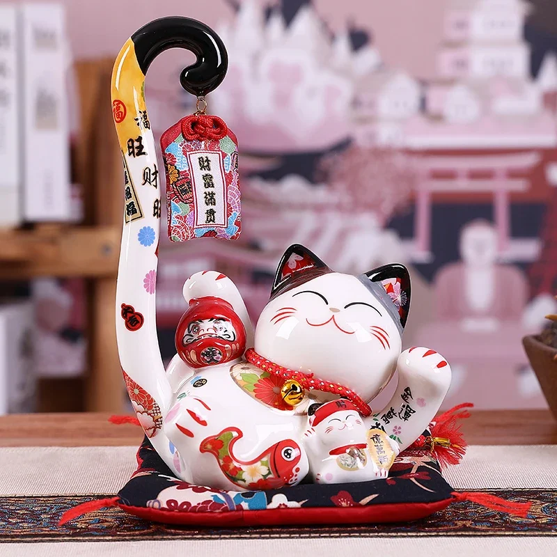 8.6 inch Ceramic Lucky Cat Money Box Coin Bank Japanese Long Tail Fortune Cat Feng Shui Home Decoration Wedding Gift