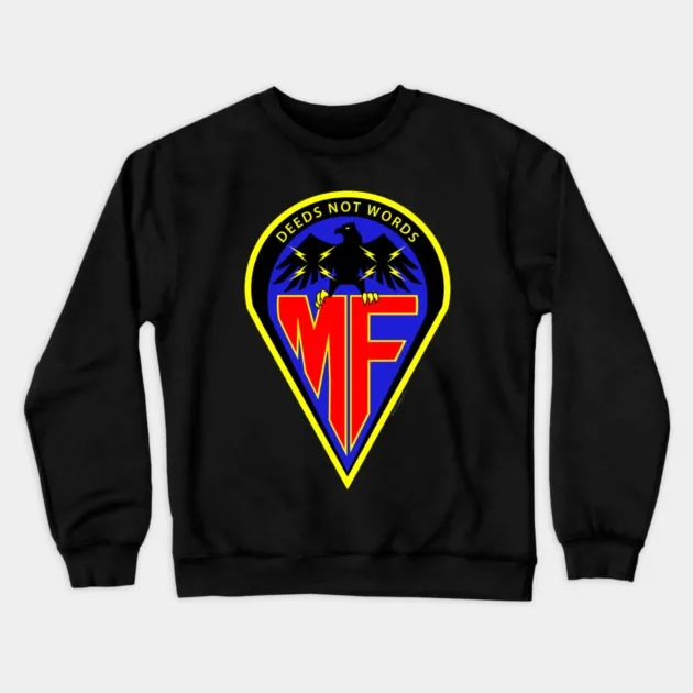 

Autumn and Winter Style Action - Oriented Logo Sweatshirt, "Deeds Not Words MF Logo" Graphic for A Trendy Look