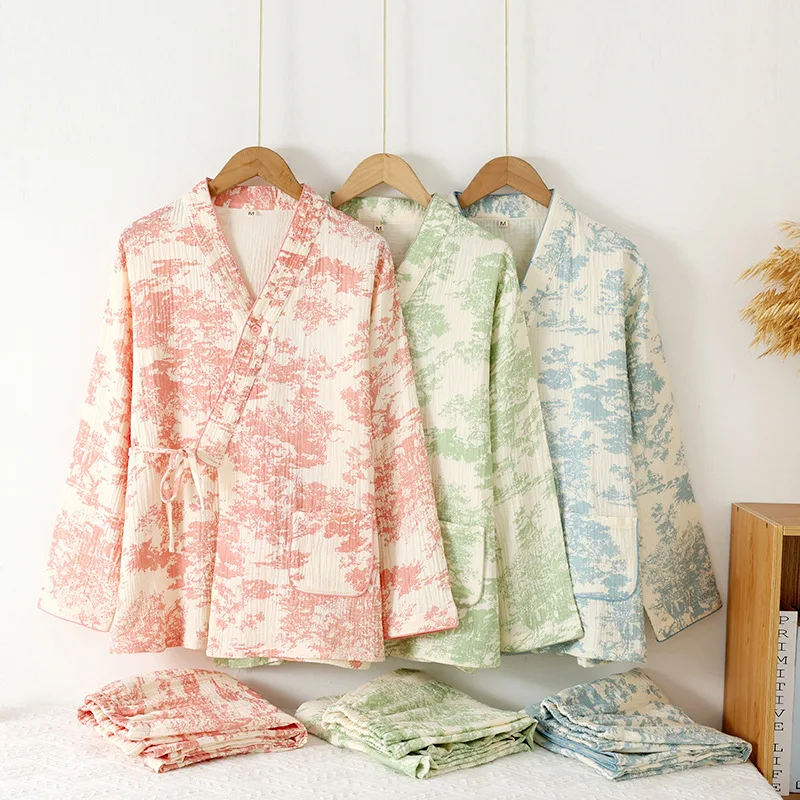 Japanese Kimono 100% Cotton Gauze Women Pajamas Sleepwear Female 2 Piece Set Printing Nightwear Pyjamas Home Clothes Loungewear