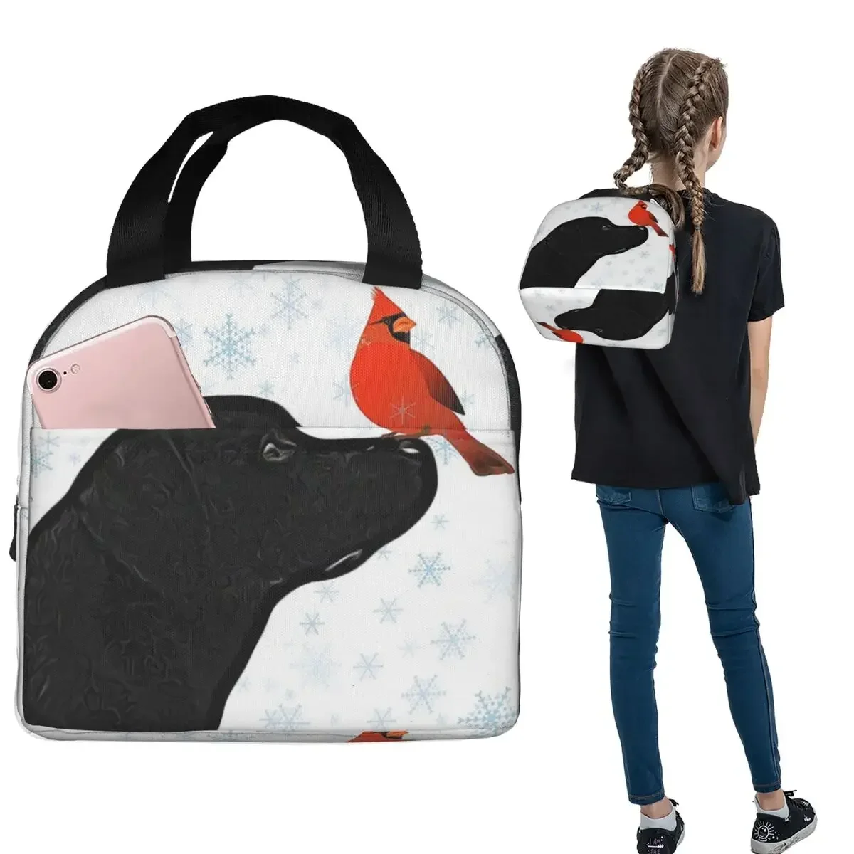 Black Labrador Christmas And Cardinal Bird Insulated Lunch Bag for Women Children Portable Food Boxes Thermal Lunch Box Tote