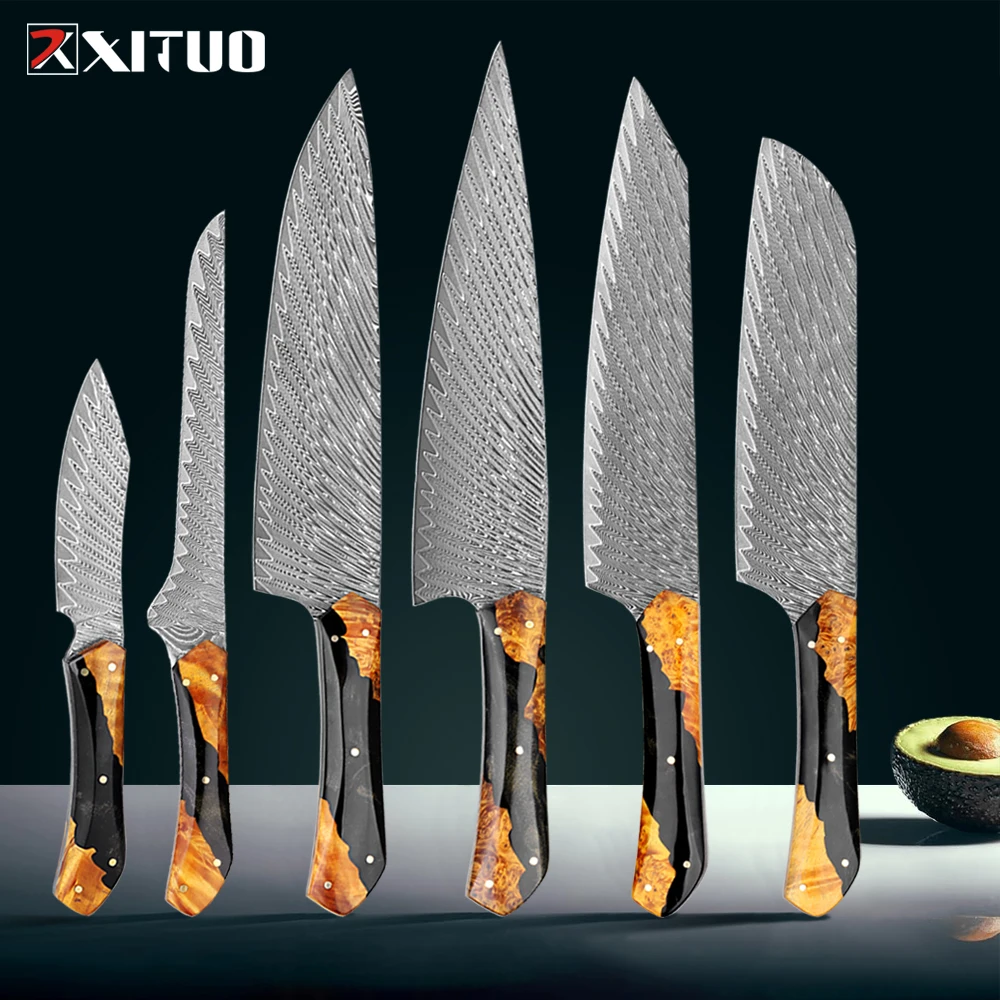 XITUO Handmade Damascus Steel Chef Knife Set 1-5pcs Full Tang Kitchen Knives Razor Sharp Santoku & Paring Knife,Ergonomic Handle