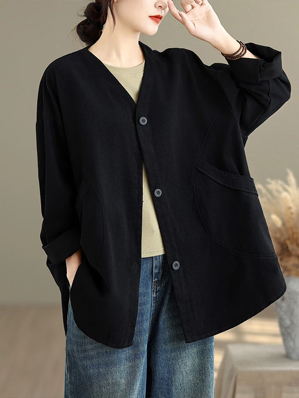 Retro sle ort comprimento v-ne casaco casual solto ajuste plus size cor outerwear feminino primavera outono aberto cardigan