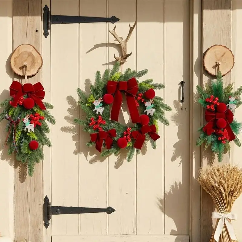 Artificial Christmas Wreath With Wine Red Flocking Berries And Inverted Tree Designs Hanging Pendant For Festival Decors 55KF