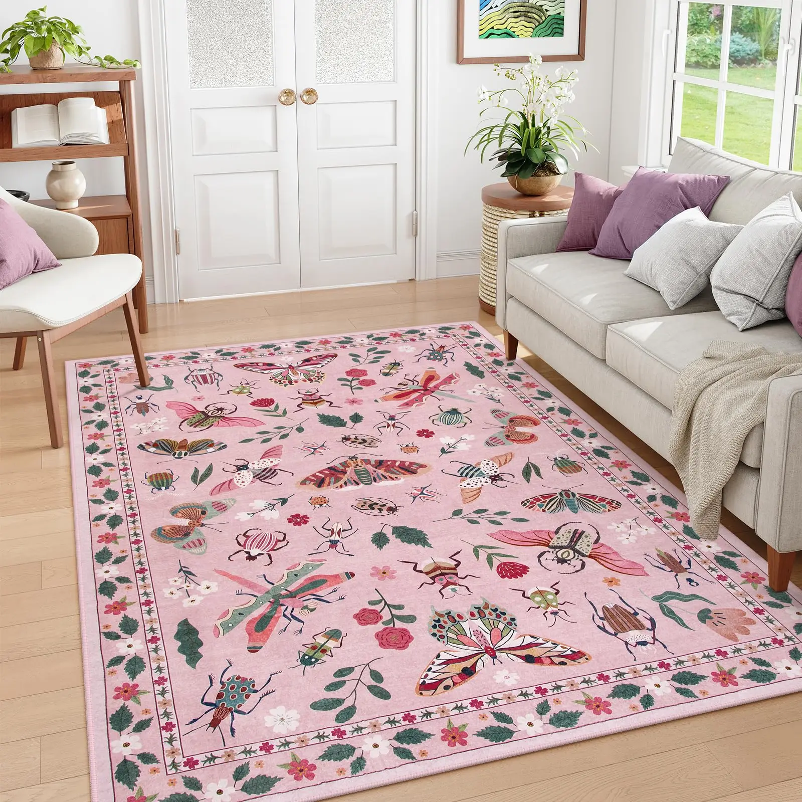 Pink Washable Rugs Soft Modern Pink Rugs for Bedroom Girls Living Room Non Slip Carpet