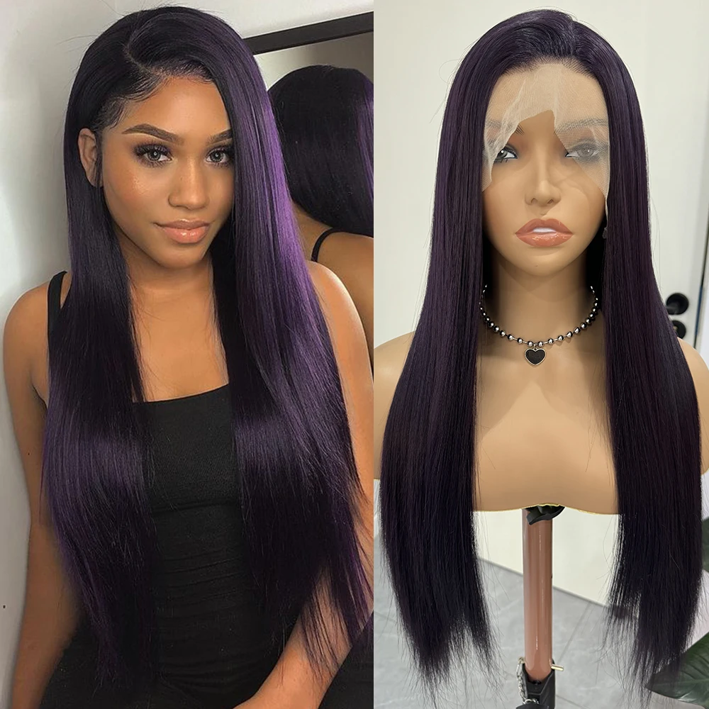 

Dark Purple Long Straight Wig Synthetic Lace Front Wigs for Women Dark Purple Wig Silk Straight Wig Daily Wear Cosplay Free Part
