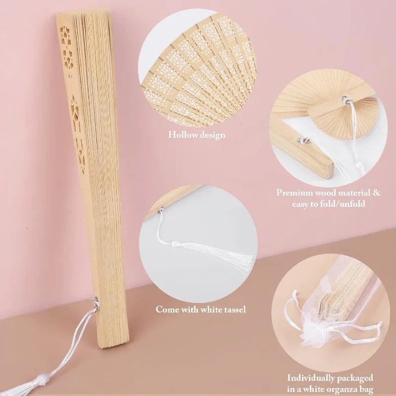 100 Pieces Wooden Folding Fan Sandalwood Folding Hand Fan Openwork Vintage Chinese Fan with White Tassel, Bag