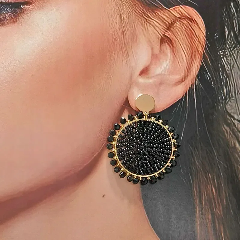 ZGMXR Rice bead earrings Roundness Sunflower  Black. Hollow out Hand knitting Bohemia Alloy Fashion Simple Beaded earrings