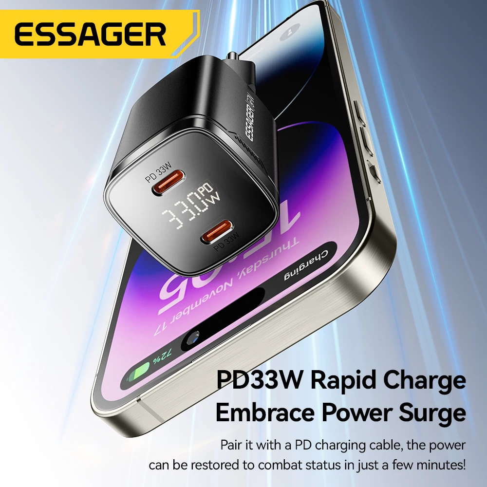 Ładowarka Essager 33W GaN Dual USB Type C z szybkim ładowaniem PD do iPhone 17 16 15 14 13 Pro Max iPad z cyfrowym wyświetlaczem — zdjęcie produktu 3