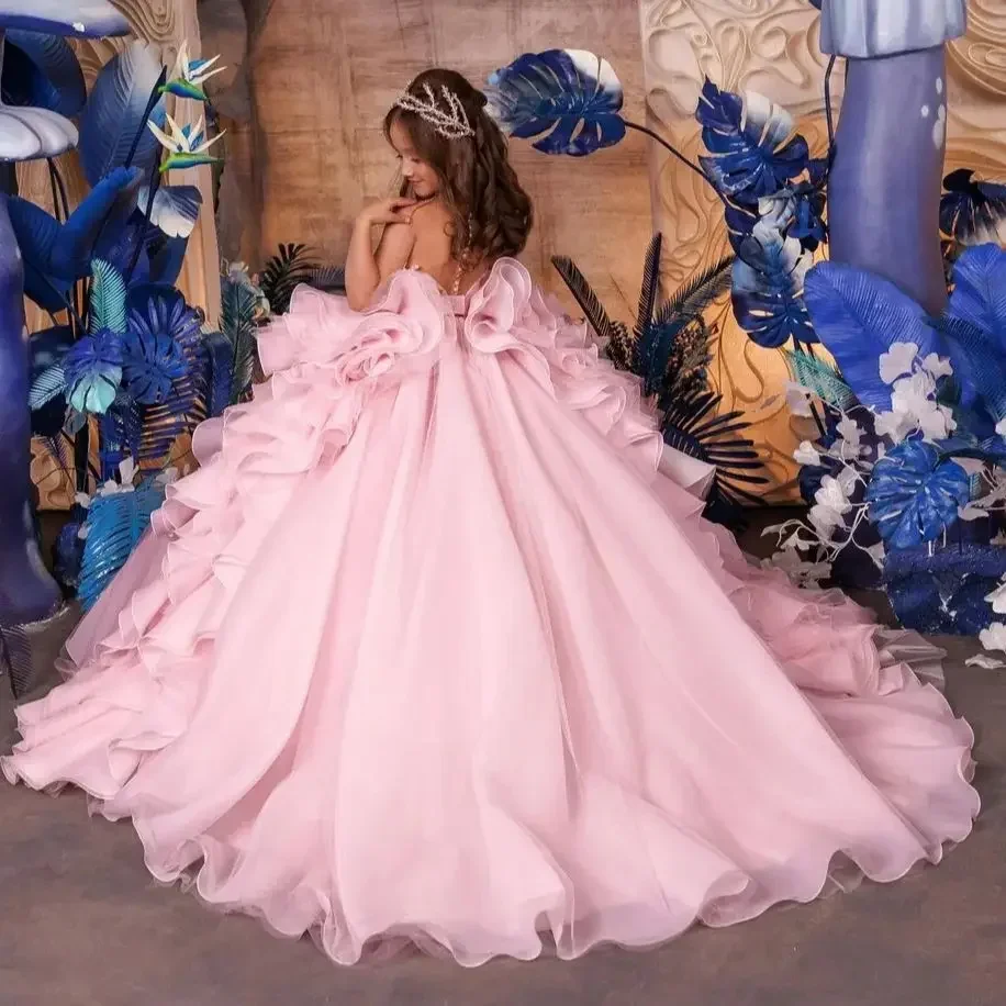 Gaun Gadis Bunga Merah Muda Blush untuk Pernikahan Ruffles Berjenjang Mutiara Elegan Anak-anak Komuni Pertama Gaun Pesta Quinceanera Disesuaikan