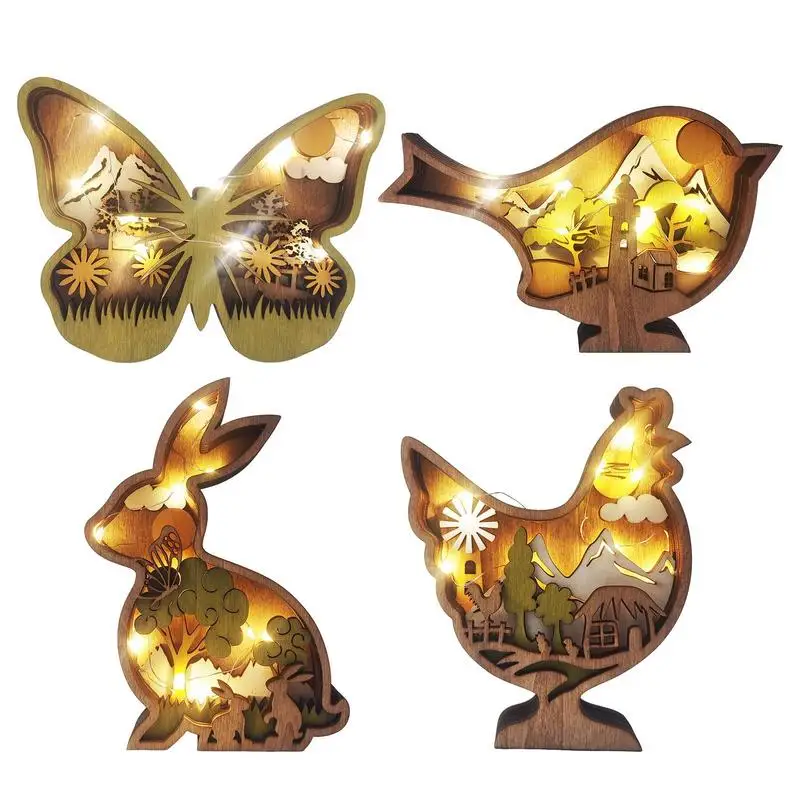 Páscoa de madeira animal ornamentos led luz 3d oco escultura coelho decoração do quarto casa estatuetas artesanato decoração do quarto desktop