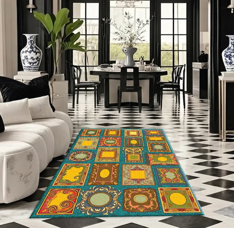 Vintage Ornate Multi-Frame Carpet with Baroque Retro Border Collage Print, Square Carpet Suitable for Art Room Decoration