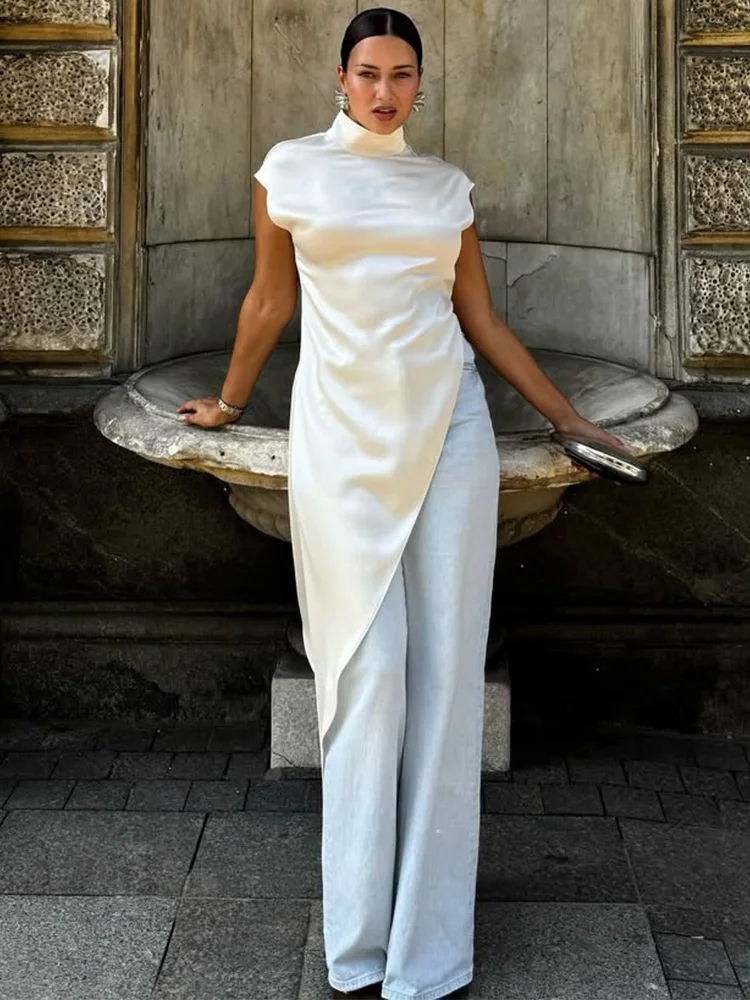 Trendix Damska Sukienka Satynowa Jednolita Moda Letnia Golf Luźna Codzienna Sukienka Maxi Femme High Street Elegancka Sukienka na Imprezę Damska