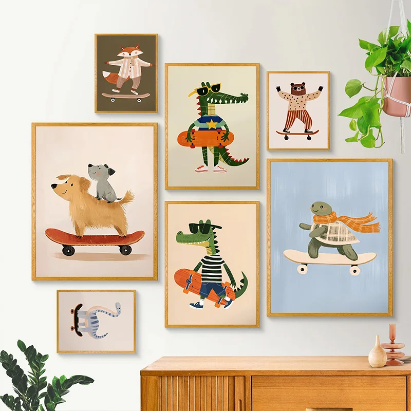 

Cute Cartoon Animal Art Poster Skateboard Children's Room Kindergarten Early Education Decoration Canvas Painting Wall Painting