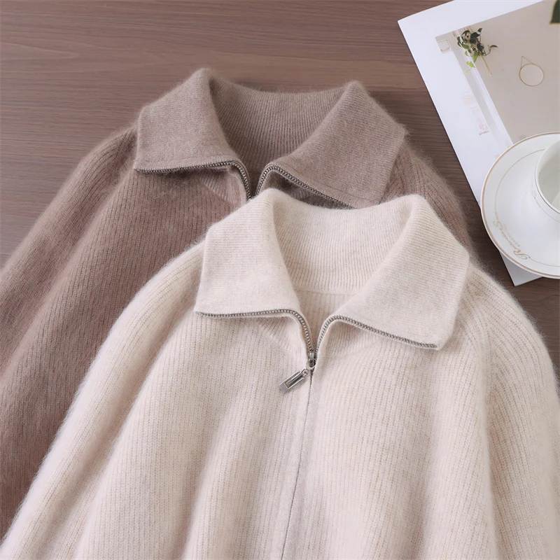 女性ミンクカシミヤセーターターンダウン襟ジッパーカーディガン秋冬ソフト暖かい服 100% ミンクカシミヤニットトップス
