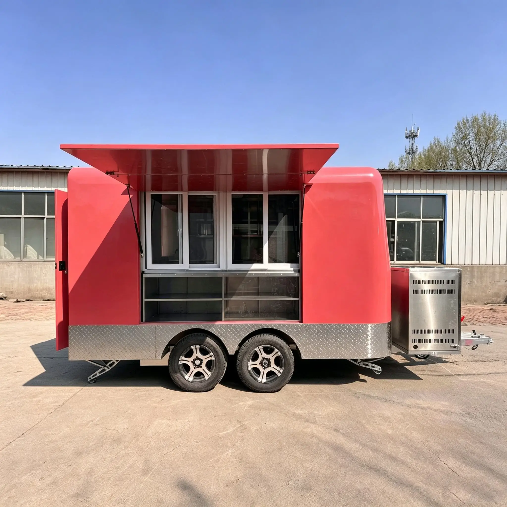 New Style pink Food Trailer Cupcake Catering Cart with Display Case for Cake Candy Ice Cream Donut Red Velvet Cake coffee Truck