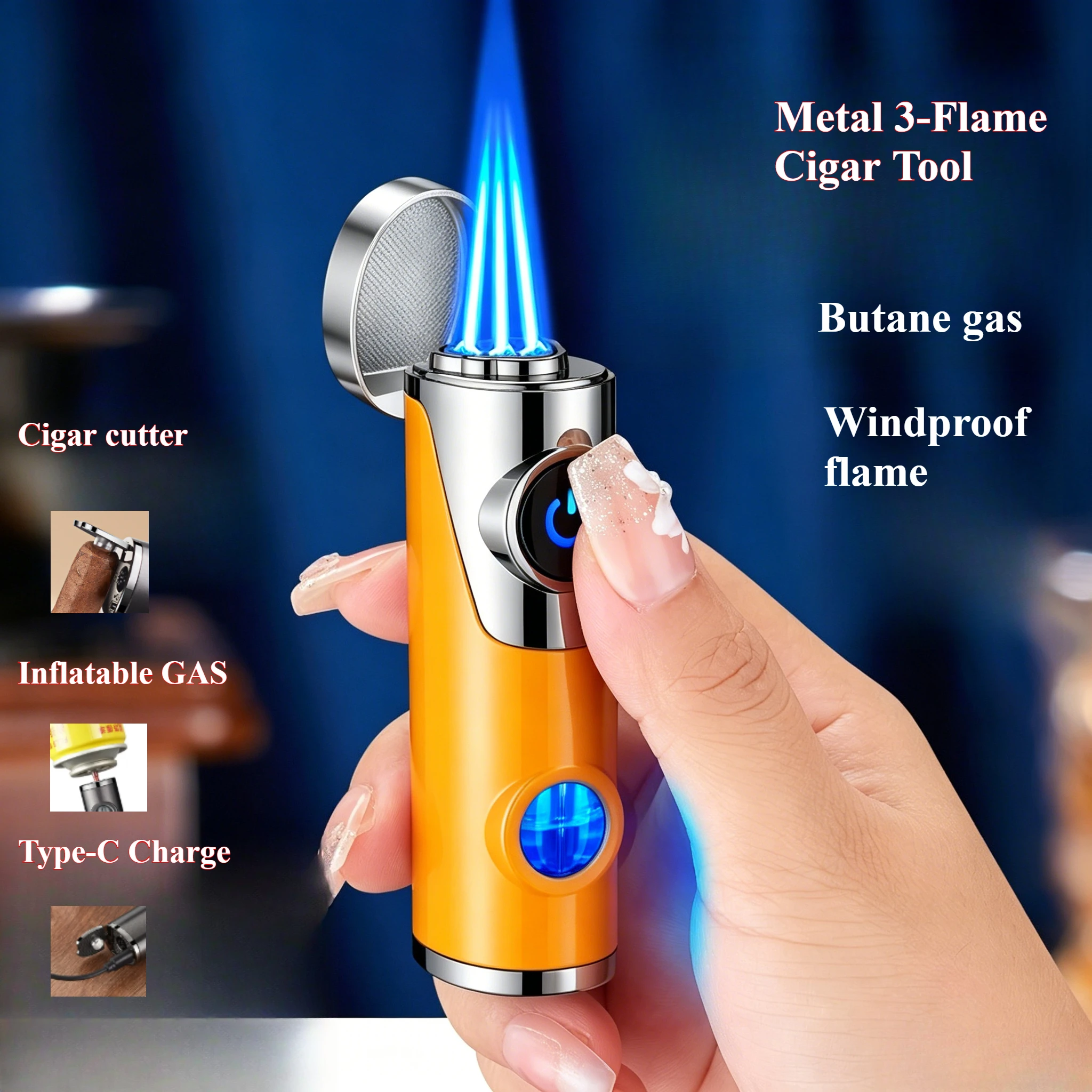 Portable Three Jet Windproof Blue Flame Butane Gas Torch Lighter Visible Gas Blue Light Window Outdoor Cigar Electric Lighters
