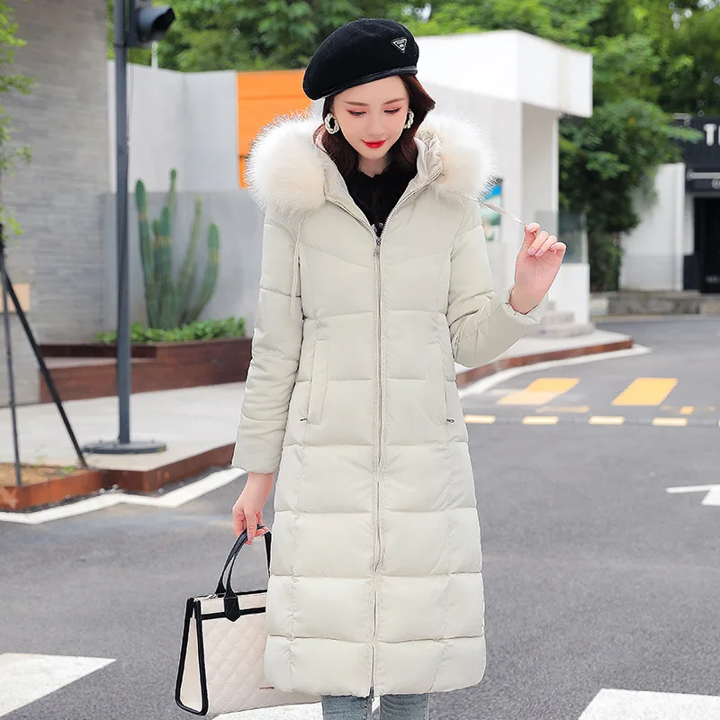 

Winter New Padded Women's Thickened Large Hair Collar Over The Knee Slim Long Down Jacket