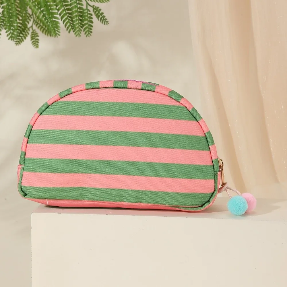 Durable Striped Cosmetic Bag Contrast Color Pom-pom Tassel Shell Shape Pouch Compact Size Multipurpose Storage
